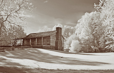 Image showing Infrared shot of an old cabin in Cades Cove, TN, Great Smoky Mountains National Park. Modified 6MP camera with 720 nm IR filter to enable faster shutter speed.