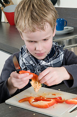 Image showing Boy cutting pepper