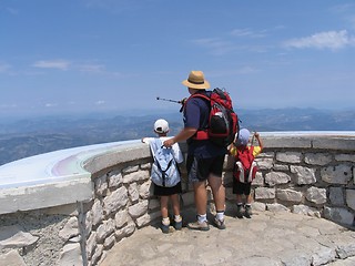 Image showing Father and sons on top of Mont Ventoux, France.
