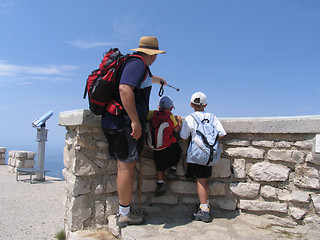 Image showing Father and sons on top of Mont Ventoux, France.