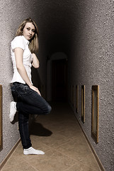 Image showing young girl posing in the  corridor