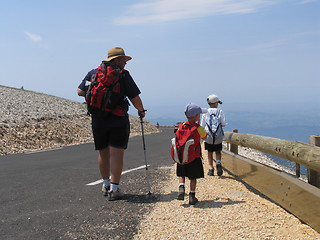 Image showing Father and sons on top of Mont Ventoux, France.