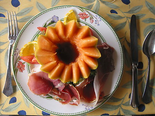 Image showing French lunch plate with melon.