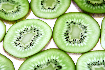 Image showing Detail view of kiwi slices backlighted over white background. 