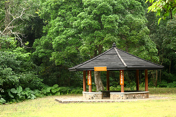 Image showing Small pavilion among nature with forest background 