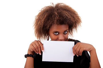 Image showing beautiful black woman person with blank business card in hand