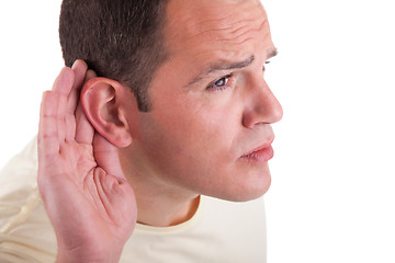 Image showing man, listening, viewing the  gesture of hand behind the ear