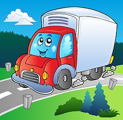 Image showing Cartoon delivery truck on road