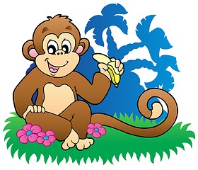 Image showing Monkey eating banana near palms