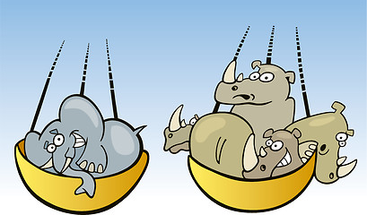 Image showing Elephant and rhinos on balance