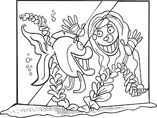 Image showing Girl and fish for coloring book