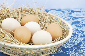 Image showing Fresh farm eggs in scuttle with hay