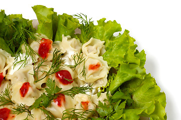 Image showing Ravioli with greens sour cream and ketchup dish isolated