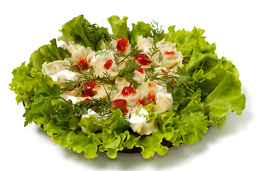 Image showing Ravioli with greens sour cream and ketchup dish isolated