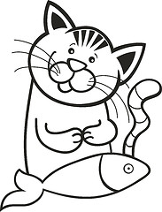 Image showing Happy cat with fish for coloring book