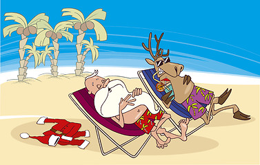 Image showing santa and reindeer having a rest on the beach