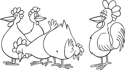 Image showing Rooster and hens for coloring book