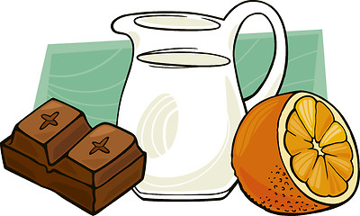 Image showing chocolate with pot of milk and orange