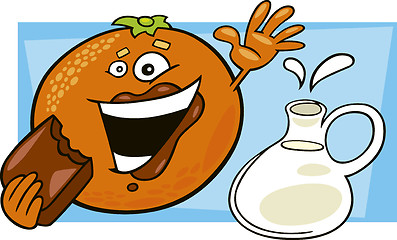 Image showing funny orange eating chocolate and pot of milk