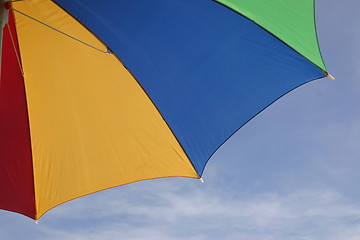 Image showing coloured parasol against a blue sky