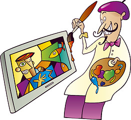 Image showing Painter painting on tv set