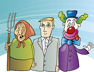Image showing farmer woman, businessman and clown