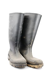 Image showing Pair of black rubber boots on white