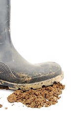 Image showing Black rubber boot and soil on white