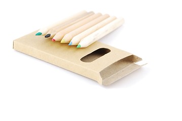 Image showing Colour pencils and pencil case on white