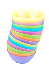 Image showing Stacked colorful bowls on white