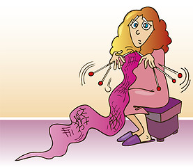 Image showing Stressed housewife knitting