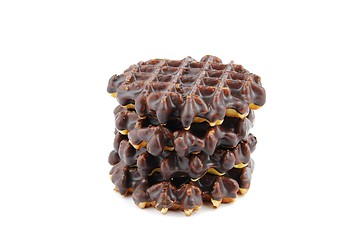 Image showing Chocolate belgian waffles stacked on white