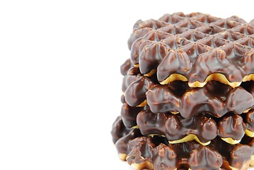 Image showing Chocolate belgian waffles stacked on white