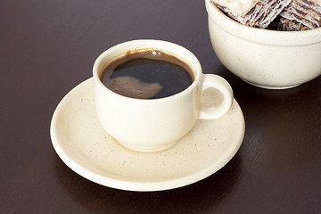 Image showing Black coffee with waffles