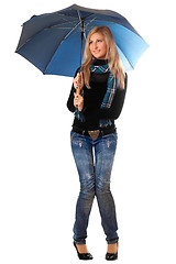 Image showing Beautiful smiling blonde with blue umbrella