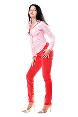 Image showing Lovely brunette in red jeans