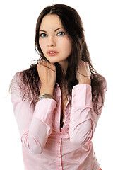 Image showing Portrait of beautiful young woman in pink shirt