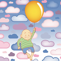 Image showing Young Child boy with balloon with Clouds Background