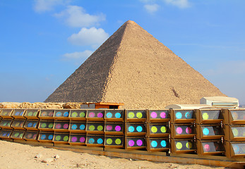 Image showing egypt pyramid and colorful spotlights