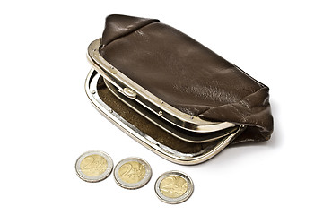 Image showing Old purse and euro coins 