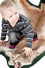 Image showing Little boy on the lynx fur