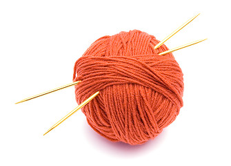 Image showing Red ball of wool and knitting needles