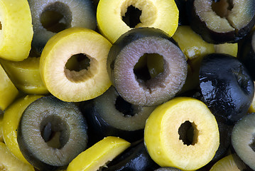 Image showing Sliced black and green olives