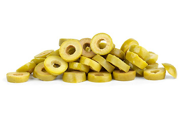 Image showing Small pile of sliced green olives