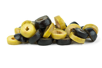 Image showing Small pile of sliced black and green olives
