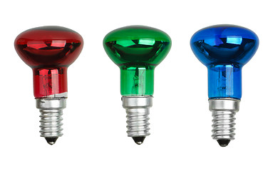 Image showing Red, green and blue spot tungsten lightbulbs