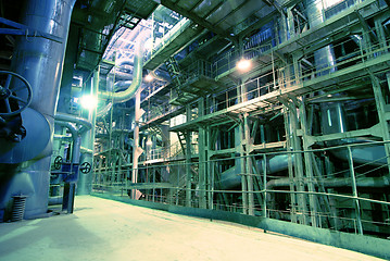 Image showing Industrial zone, Steel pipelines in blue tones  