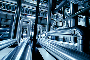 Image showing Industrial zone, Steel pipelines in blue tones  