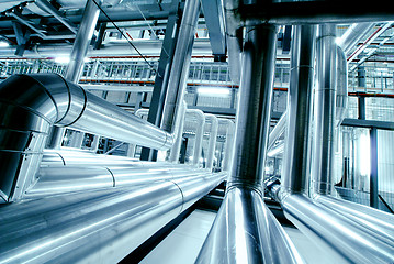 Image showing Industrial zone, Steel pipelines in blue tones  