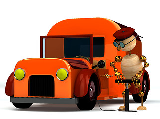 Image showing 3d wood man pumping red trucks tire